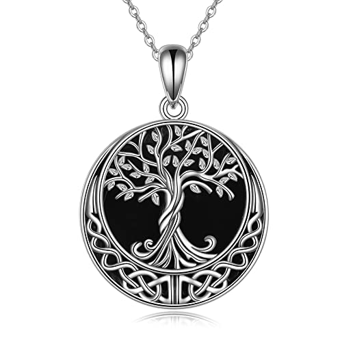 YAFEINI Baum des Lebens Halskette Sterling Silber echter natürlicher schwarzer Onyx Schmuck keltischer Knoten Stammbaum Anhänger Halskette für Frauen von YAFEINI