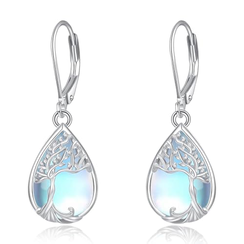 Baum des Lebens Ohrringe Damen 925 Sterling Silber Mondstein Hängeohrringe Spiritueller Schmuck Lebensbaum Schmuck Geschenk für Frauen von YAFEINI