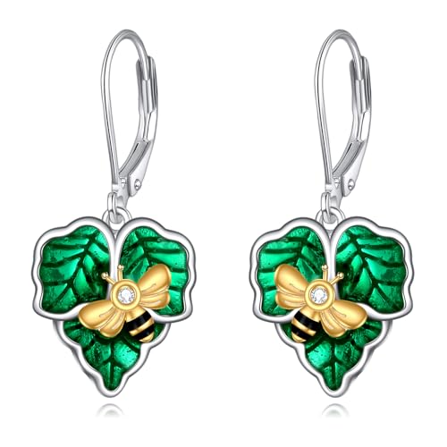 Biene Ohrringe Sterling Silber Grün Emaille Blatt Tropfen Ohrringe Biene Schmuck Geschenke für Deman von YAFEINI
