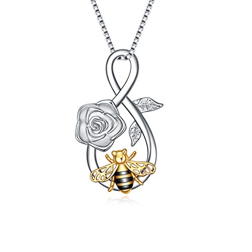 YAFEINI Bienen Kette Sterling Silber Rose Blume Honigbienen Anhänger Halskette Schmuck Geburtstag Weihnachtsgeschenke für Damen Mädchen von YAFEINI