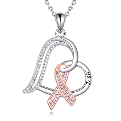 Brustkrebs Kette 925er Sterlingsilber Krebs Bewusstsein Anhänger Halskette Brustkrebs Schmuck Mutmacher Geschenk für Krebs Überlebende (mit feinen Geschenk-Box) von YAFEINI