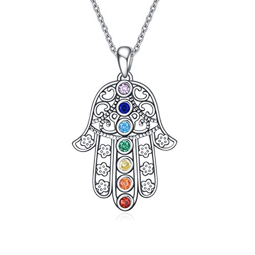 Chakra Hamsa Hand Halskette Kette 925 Sterling Silber Chakra Schmuck für Frauen von YAFEINI