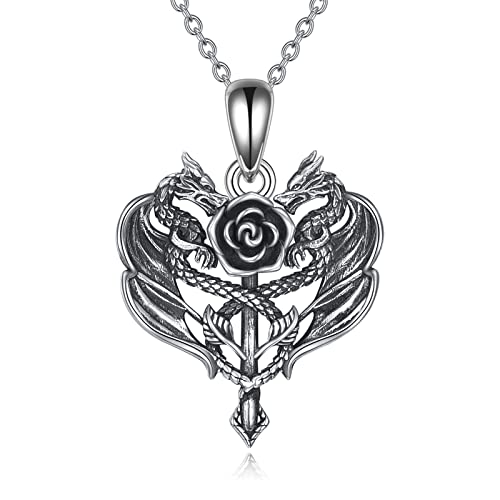 YAFEINI Drachen Halskette Mädchen Anhänger Halskette 925 Sterling Silber Drachen Mädchen Schmuck für Damen (Halskette mit Drachenrose) von YAFEINI