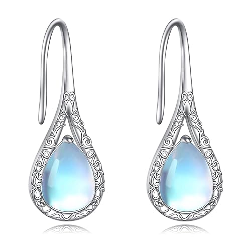 Mondstein Ohrringe Sterling Silber Pull Through Threader Nordic Floral Lange Piercing Ohr Linie Ohrhänger Schmuck Geschenke für Damen Mädchen von YAFEINI