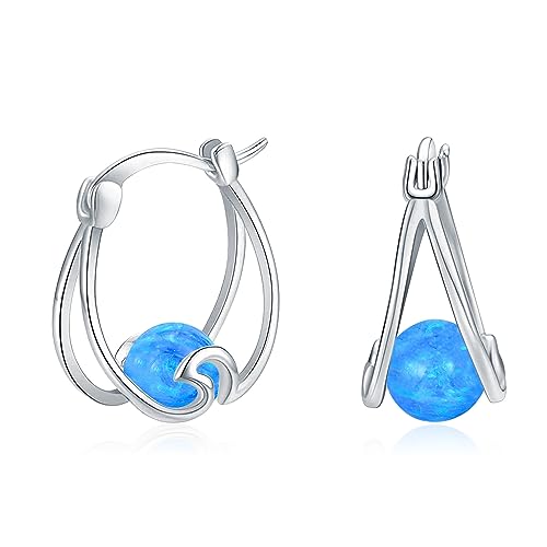 Opal Creolen für Damen 925 Sterling Silber Huggie Ohrringe Opal Ohrringe Kreis klappbare Creolen Ohrringe Weihnachts Geschenk für Frauen Mädchen (Blauer Opal) von YAFEINI