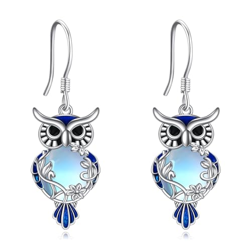 Eulen Ohrringe für Damen Sterling Silber Mondstein Eule Ohrhänger Schmuck Geschenke für Teenager Mädchen (Mondstein Eule Ohrringe) von YAFEINI