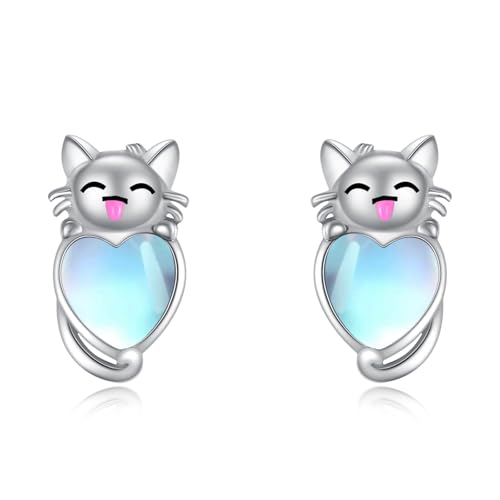 Katzen Ohrringe für Damen 925 Sterling Silber Süße Ohrstecker mit Kätzchen Katzen Schmuck Geschenke Mondstein Ohrringe für Katzenliebhaber(Katze) von YAFEINI