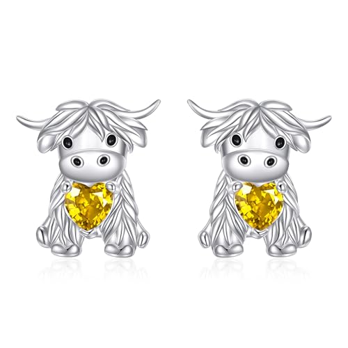 Geburtsstein Hochlandrind Ohrringe Sterling Silber Kuh Ohrstecker Schottische Highland Cow Schmuck Gescenk für Damen Frauen (November) von YAFEINI