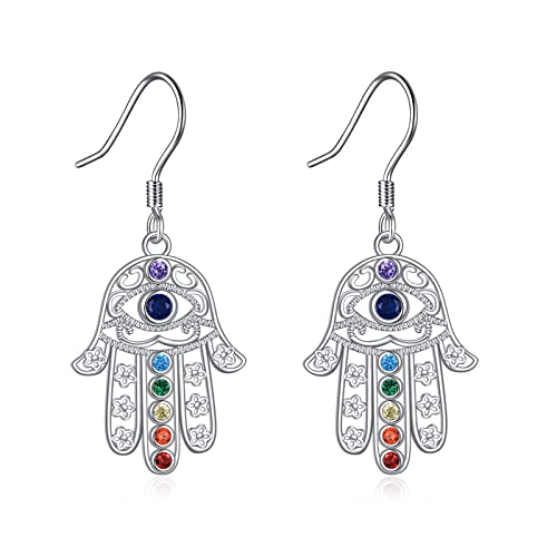 Chakra Ohrringe Silber 925 Nazar Ohrhänger Hamsa Hand Chakra Schmuck Damen von YAFEINI