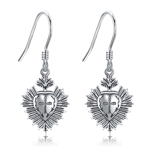 Heiliges Herz Ohrringe Silber 925 Herz Kreuz Ohrhänger Damen Christlicher Schmuck Gothic Geschenke von YAFEINI