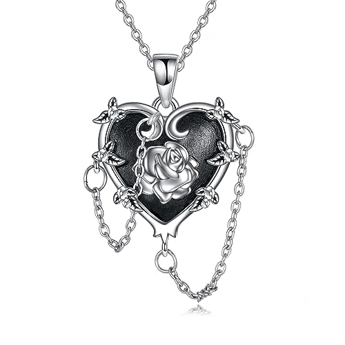 Hexen Herz Ketten Rose Halskette für Damen Sterling Silber Gothic Schmuck Halloween Weihnachten Geschenke für Frauen Schwarzes Herz Halskette von YAFEINI
