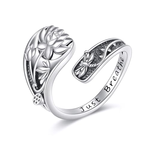 Just Breathe Lotus Ring 925 Sterling Silber Verstellbare Offener Lotusblume Ringe Inspirierender Yoga Schmuck Geschenk für Frauen Männer von YAFEINI