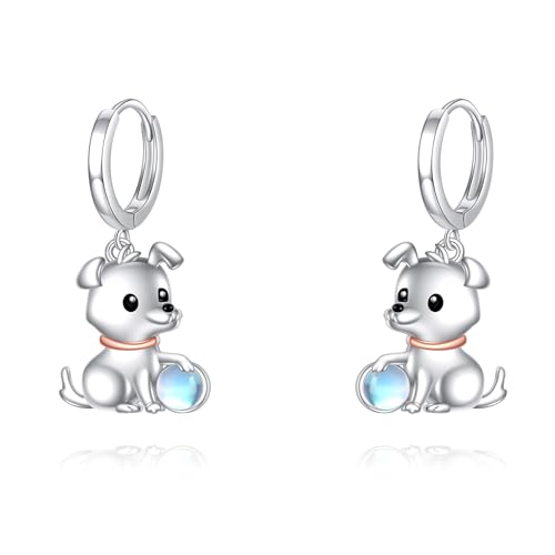 Hund Ohrringe für Damen 925 Silber Hund Creolen Mondstein Hund Hängend Ohrringe Hund Schmuck Geschenk für Kinder Mädchen(Hund Ohrringe) von YAFEINI