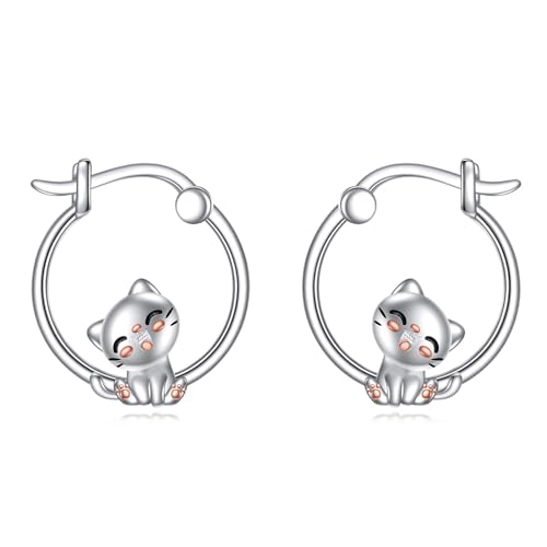 Katze Creolen Ohrringe 925 Sterling Silber Niedliche Katze Ohrringe Schmuck Geschenke für Damen Mädchen von YAFEINI