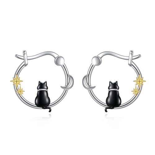 Katze Creolen Sterling Silber Niedliches Tier Pinguin Ohrringe Schmuck Geschenke für Damen (Schwarze Katzenohrringe) von YAFEINI