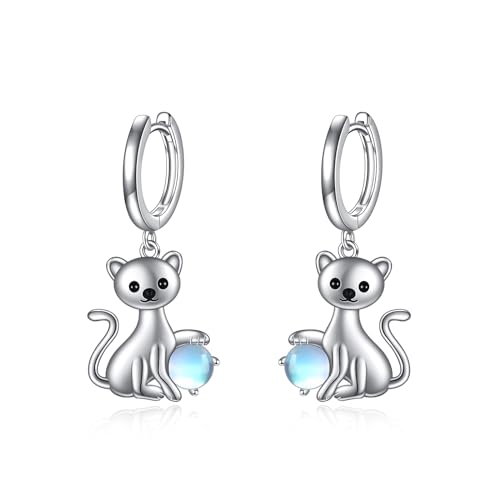 Katze Creolen für Damen 925 Sterling Silber Katze Mondstein Ohrringe Katzen Creolen Ohrringe Katzen Schmuck Geschenke für Mädchen Kinder(Katze Ohrringe) von YAFEINI