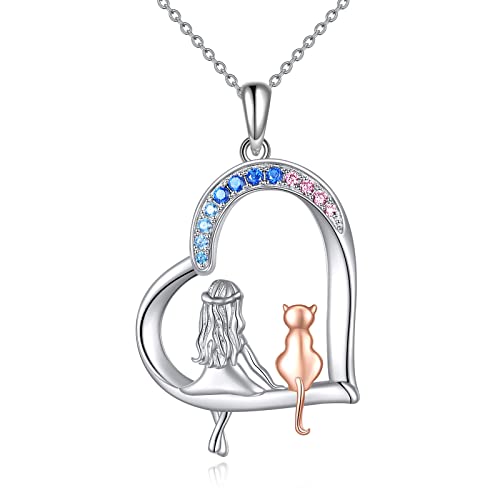 YAFEINI Katze Kette Mädchen Anhänger Katze Halskette 925 Sterling Silber Schmuck Geschenke für Damen Mädchen Tochter (Katze mädchen halskette) von YAFEINI