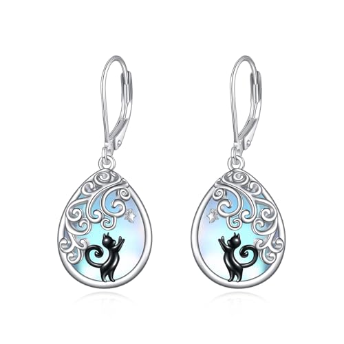 Katze Mondstein Ohrringe S925 Sterling Silber Mondstein Schwarze Katze Leverback Ohrhänger Schmuck für Damen Mädchen von YAFEINI