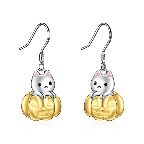 Katze Ohrringe 925 Sterling Silber Kürbis Hängend Ohrhänger für Damen Mädchen Katze Halloween Schmuck Geschenk von YAFEINI