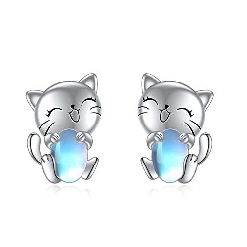 Katze Ohrringe für Mädchen Sterling Silber Katze Mondstein Ohrstecker Hypoallergen für Empfindliche Ohren Katze Schmuck Geschenk für Damen Teen (Katze Ohrringe) von YAFEINI