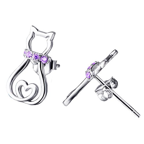 Katzen ohrringe Damen 925 Sterling Silber Lila Zirkonia Katze Kätzchen Ohrstecker Schmuck für Frauen Mädchen (lila) von YAFEINI