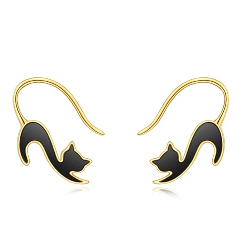 Katze Ohrringe Ohrstecker für Damen Silber 925 Schwarz Onyx Katze Ohrstecker Gold überzogene Pull Through Schmuck Geschenke für Damen Mädchen von YAFEINI
