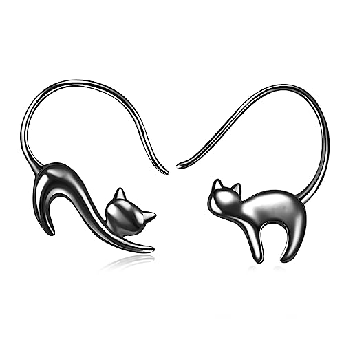 Schwarze Katze Ohrringe für Damen Silber 925 Schwarze Katze Pull Through Tier Katze Creolen Ohrhänger Schmuck Geschenke für Damen Mädchen von YAFEINI