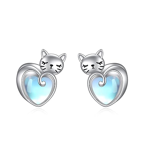Katze Ohrringe für Damen Mädchen 925 Sterling Silber Mondstein Ohrstecker Tier Geschenk Katze Schmuck von YAFEINI