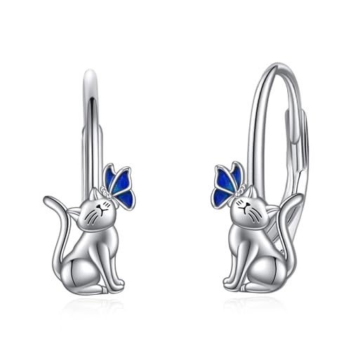 Katzen Ohrringe für Damen 925 Sterling Silber Schmetterling Leverback Ohrringe Katze Creolen Schmuck Geschenk für Mädchen (Katzen Ohrringe) von YAFEINI