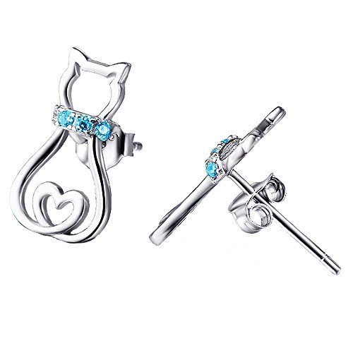 Katzen ohrringe Damen 925 Sterling Silber Blau Zirkonia Katze Ohrstecker Schmuck für Frauen Mädchen (Blau) MEHRWEG von YAFEINI