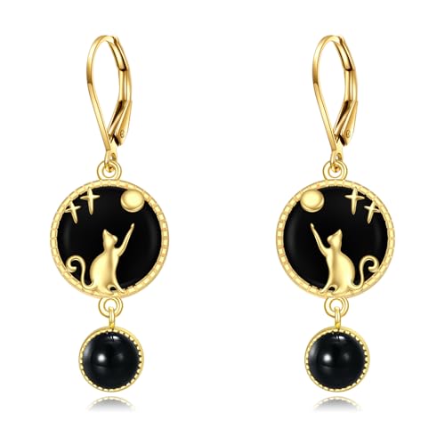 Katzenohrringe Ohrhänger aus Silber und vergoldetem schwarzem Onyx Ohrringe Katzenschmuck Geschenke für Damen (Katzenohrringe Ohrhänge) von YAFEINI
