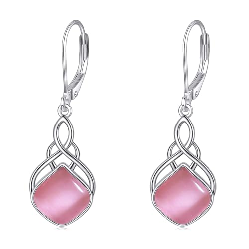 Rosa Ohrringe Geschenke für Damen Mädchen Sterling Silber Rosa Opal Leverback Ohrringe Lange Irische Keltische Knoten Ohrhänger Schmuck Geschenke von YAFEINI