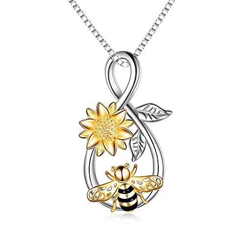 YAFEINI Sonnenblume Kette Sterling Silber Unendlichkeit Liebe Biene Anhänger Halskette mit Sonnenblume Schmuck Geschenke für Damen Teens von YAFEINI