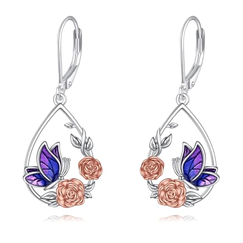 Kolibri/Biene/Schmetterling/Libelle Ohrringe für Damen 925 Sterling Silber Gänseblümchen Hängend Ohrhänger für Mädchen Vogel Schmuck Geschenk (Rose tropft Ölschmetterling) von YAFEINI