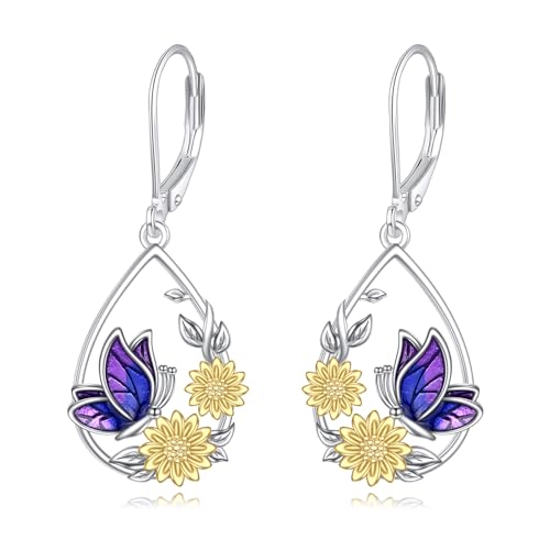 Kolibri/Biene/Schmetterling/Libelle Ohrringe für Damen 925 Sterling Silber Gänseblümchen Hängend Ohrhänger für Mädchen Vogel Schmuck Geschenk (Sonnenblume tropft Ölschmetterling) von YAFEINI