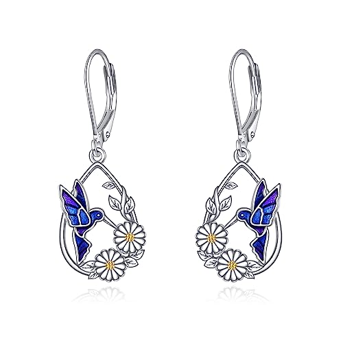 Kolibri Ohrringe für Damen 925 Sterling Silber Gänseblümchen Hängend Ohrhänger für Mädchen Vogel Schmuck Geschenk (Gänseblümchen) von YAFEINI