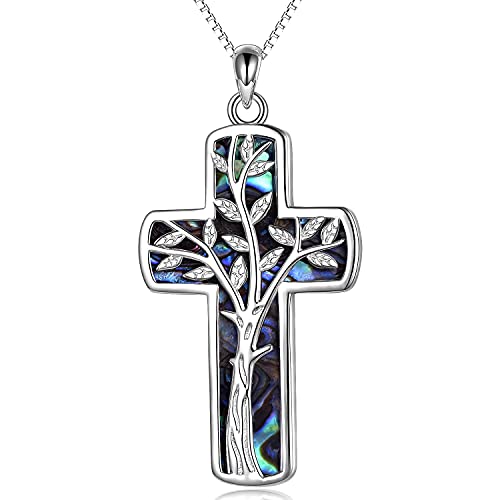 YAFEINI Kreuz Kette Sterling Silber Stammbaum des Lebens Religiöses Kreuz Anhänger Halskette Schmuck Geschenke für Damen Mutter Tochter Familienmitglied (Lebensbaum Kreuz kette aus Silber) von YAFEINI