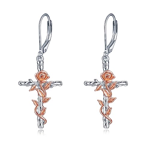 Kreuz Ohrringe Sterling Silber Rose Blume Kreuz Dangle Ohrringe Leverback Ohrringe Schmuck Geschenke für Damen Mädchen Kreuz Ohrringe Sterling Silber Rose Blume Kreuz Dangle Ohrringe Leverback Ohrringe Schmuck Geschenke für Damen Mädchen von YAFEINI