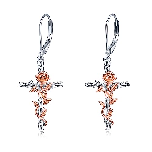 Kreuz Ohrringe Sterling Silber Rose Blume Kreuz Dangle Ohrringe Leverback Ohrringe Schmuck Geschenke für Damen Mädchen von YAFEINI