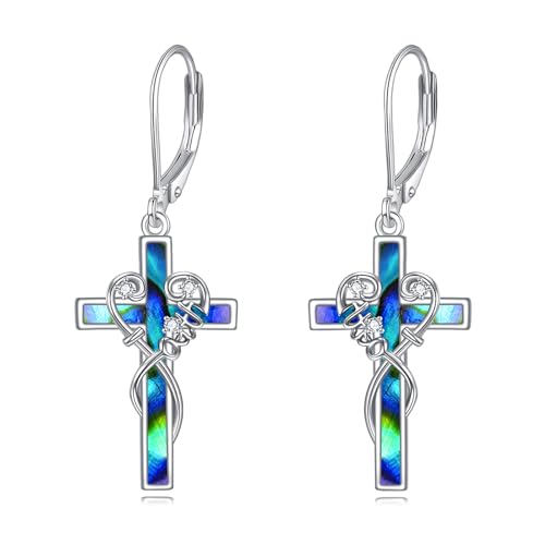 Kreuz Ohrringe für Damen Mädchen Sterlingsilber Christliches Kreuz Ohrhänger Mode Kreuz Leverback Schmuck Geschenke (Abalone Glaube Kreuzohrringe) von YAFEINI