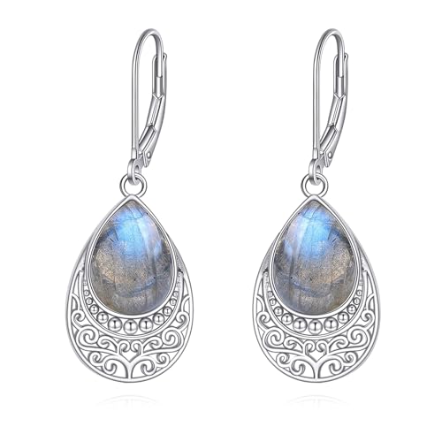 Labradorit Ohrringe für Damen Ohrhänger 925 Sterling Silber Labradorit Hängend Ohrringe Leverback Schmuck Geschenke (W-Filigraner Labradorit) von YAFEINI