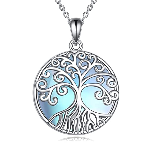 YAFEINI Lebensbaum Kette Mondstein Anhänger Halskette 925 Sterling Silber Baum des Lebens Halskette Baum Leben Schmuck Geschenk für Damen Mädchen Mama (Mondstein-Lebensbaum) von YAFEINI