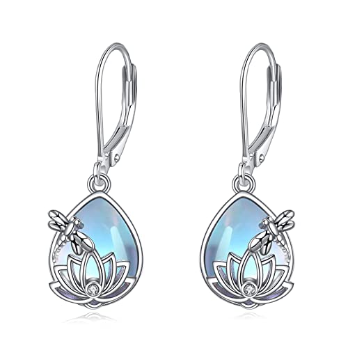 Libelle Mondstein Lotus Ohrringe 925 Sterling Silber Lotus Schmuck Geschenke für Frauen Libelle Lotus Liebhaber von YAFEINI