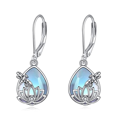 Lotusblume Ohrringe Silber 925 Mondstein Ohrhänger Libelle Schmuck Lotusblume Geschenke Damen von YAFEINI
