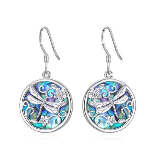 Libellen Ohrringe 925er Sterlingsilber Abalone Muschel mit Blume Libellen Ohrhänger Schmuck Geschenke für Damen und Mädchen (Libellen Ohrringe) von YAFEINI