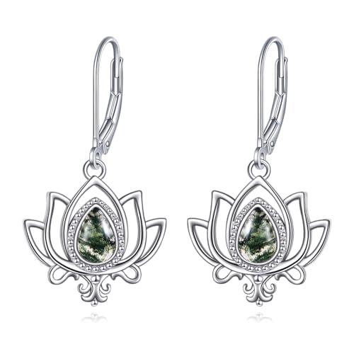 Lotus Ohrringe 925er Sterlingsilber Moosachat Blumen Ohrhänger Schmuck Geschenke für Damen Mädchen Mutter (Moosachat) von YAFEINI