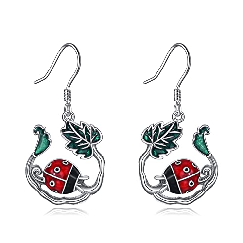 Marienkäfer Ohrringe Sterling Silber Marienkäfer Dangle und Blatt Ohrringe Wunderbare Marienkäfer Schmuck Insekt Ohrringe Geschenk für Mädchen Frauen (Marienkäfer Ohrringe) von YAFEINI