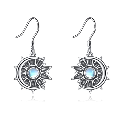 Mond Sonne Ohrringe für Damen Hängend Ohrringe 925 Sterling Silver Mondstein Dangling Ohrringe Exquisite Schmuck Geschenke für Frauen (Mond Sonne Ohrringe) von YAFEINI