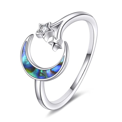 Mond Stern Ring Damen 925 Sterling Silber Abalone Muschel Einstellbar Ring für Mädchen Abalone Mond Schmuck Geschenk von YAFEINI