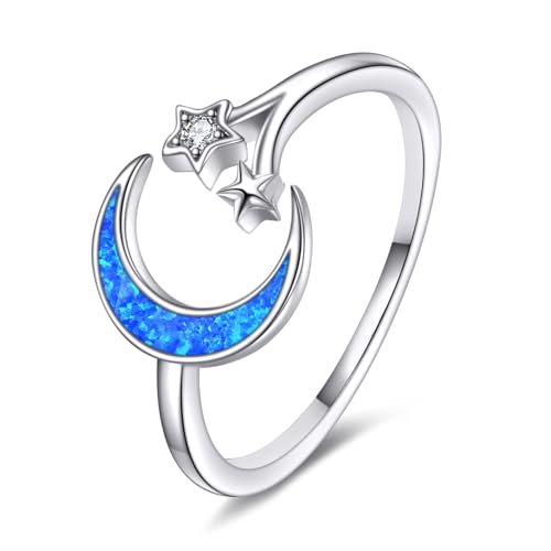 Mond Stern Ring Damen 925 Sterling Silber Blau Opal Einstellbar Ring für Mädchen Opal Mond Schmuck Geschenk von YAFEINI